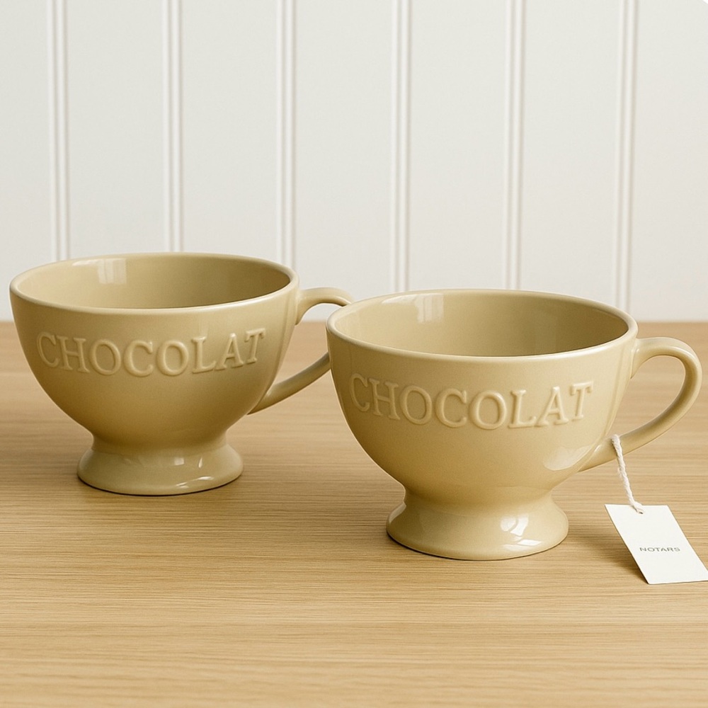 Chocolat, Coffee, Tea, Ceramic Mugs – Neutral Cream Toned Drinkware NWT Set of 2